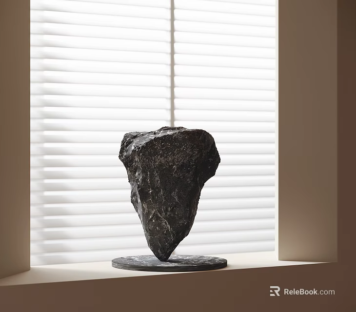 Modern Artistic Black Stone Sculpture Placed On Windowsill With White Blinds 3d model 