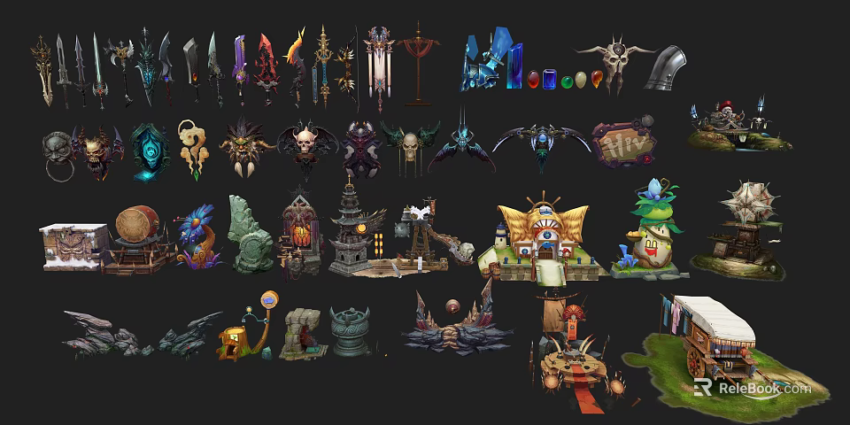 Cartoon Scene With Fantasy Weapons Skulls Buildings Vehicles And Decorative Props 3d model 
