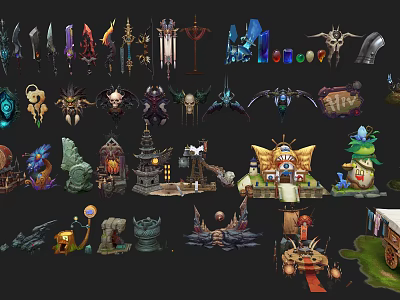 Cartoon Scene With Fantasy Weapons Skulls Buildings Vehicles And Decorative Props 3d model