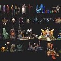 Cartoon Scene With Fantasy Weapons Skulls Buildings Vehicles And Decorative Props