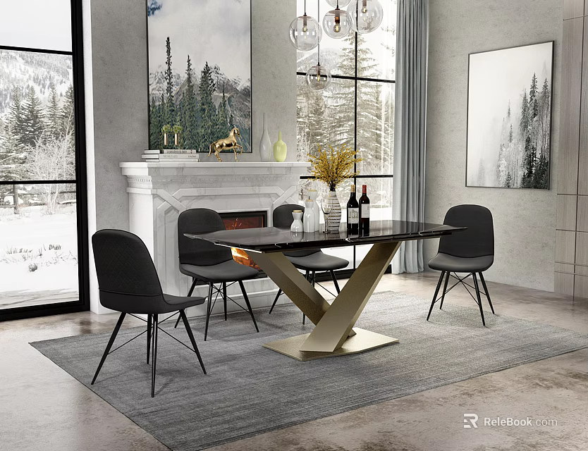 Elegant Modern Dining Table Set With Black Chairs Gold Base And Marble Top 3d model 