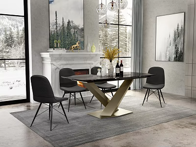 Elegant Modern Dining Table Set With Black Chairs Gold Base And Marble Top 3d model