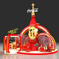 Coca-Cola Red Event Entrance With Large Bottle Structure Cartoon Characters Lanterns Purple Flowers Neon Lights