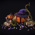 Halloween Decorative Ornament Set with Pumpkin Witch Hat Skulls Candies Candles and Vines