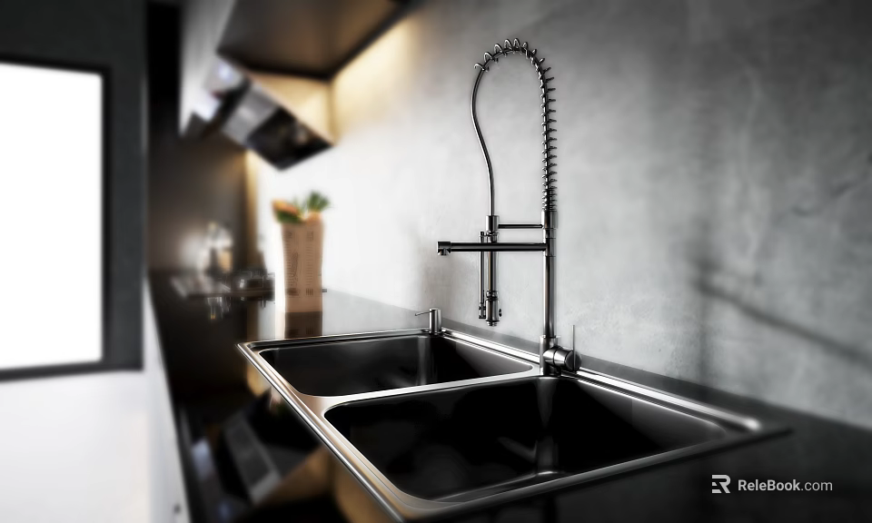 Modern Kitchen Double Bowl Stainless Steel Sink With Pull Down Faucet 3d model 
