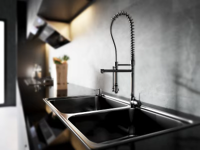 Modern Kitchen Double Bowl Stainless Steel Sink With Pull Down Faucet 3d model
