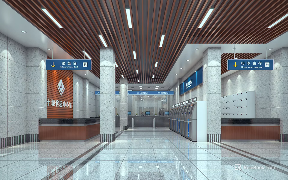 Modern Government Service Hall Interior Featuring Service Counters Marble Flooring And Wooden Ceiling 3d model 