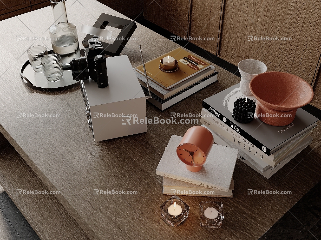 Modern Table Ornaments Books Wine Radio Candle 3d model