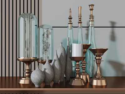 Modern Decorative Ornament Set With Glass Cloches Metal Candle Holders And Stone Vases 3d model