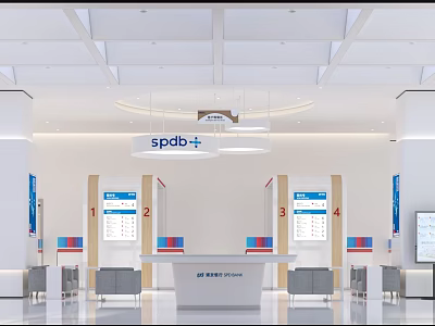SPDB Bank Branch Interior Design With Modern Open Space Counter Screens and Seats 3d model