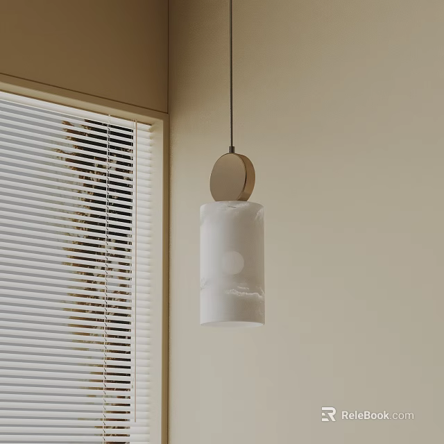 Minimalist Pendant Light With White Lampshade And Wooden Top By Beige Wall With Window Blinds 3d model 