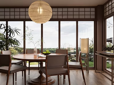 Cozy Restaurant Interior With Wooden Round Table Lattice Windows Hanging Lantern Green Plants And Natural View 3d model