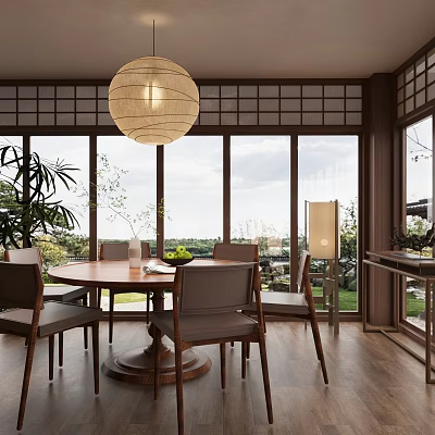 Cozy Restaurant Interior With Wooden Round Table Lattice Windows Hanging Lantern Green Plants And Natural View 3d model