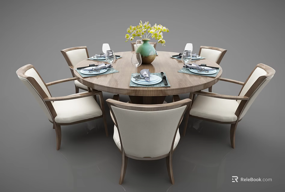 Modern Round Dining Table Set with Six Chairs Vase Yellow Flowers and Plates Tableware 3d model 