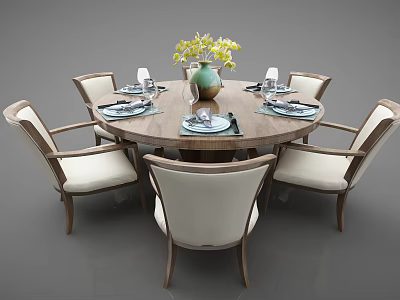 Modern Round Dining Table Set with Six Chairs Vase Yellow Flowers and Plates Tableware 3d model