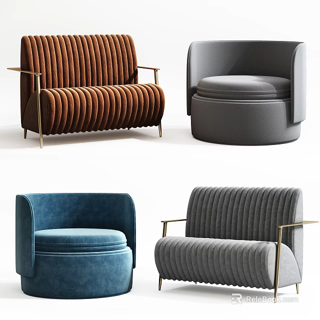 Modern Accent Chairs With Ribbed Velvet Upholstery And Metal Legs In Various Colors 3d model 