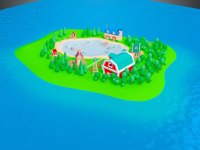 Cartoon Island Scene Surrounded By Blue Water With Green Grass Trees And Colorful Houses 3d model