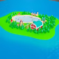 Cartoon Island Scene Surrounded By Blue Water With Green Grass Trees And Colorful Houses