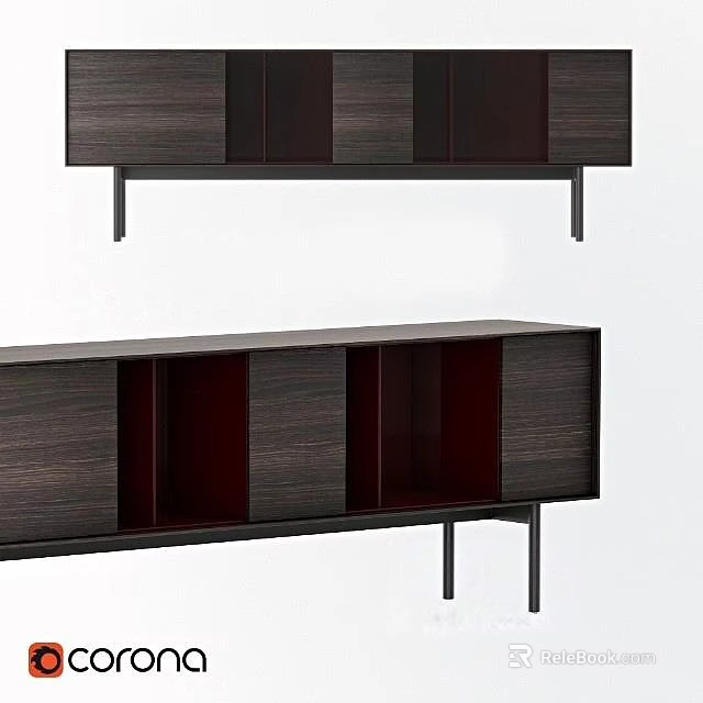 Modern Dark Wood TV Stand With Cabinet Doors Open Shelves And Metal Legs 3d model 