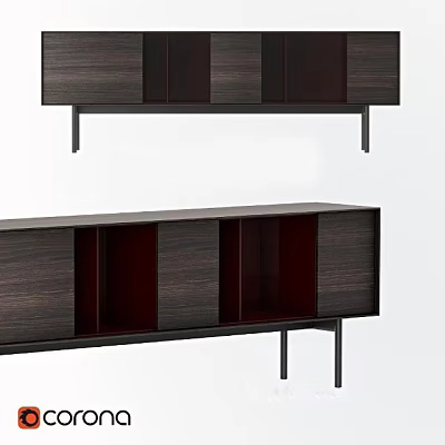 Modern Dark Wood TV Stand With Cabinet Doors Open Shelves And Metal Legs 3d model
