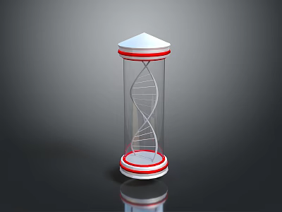 Transparent Cylindrical Lab Equipment Featuring DNA Double Helix and Red White Rings 3d model