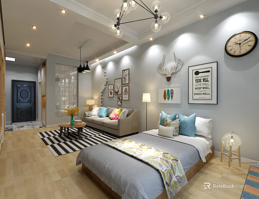 Stylish Modern Apartment Interior With Bed Sofa Decorative Art Pendant Lamp And Area Rug 3d model 