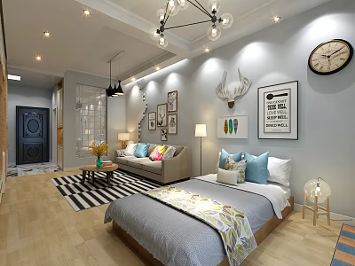 Stylish Modern Apartment Interior With Bed Sofa Decorative Art Pendant Lamp And Area Rug 3d model