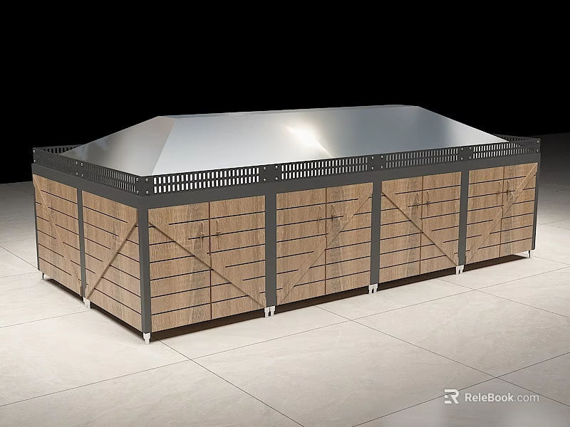 Modern Display Shelf Design With Wooden Panel Sides And Metallic Top Surface 3d model