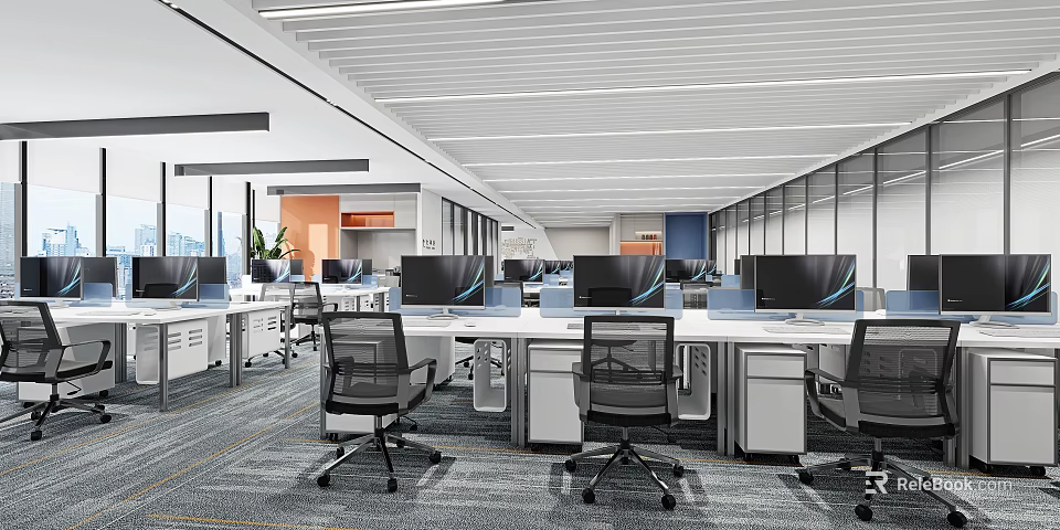 Modern Public Office Space With Open Layout Workstations Computers Ergonomic Chairs And Natural Light 3d model