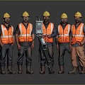 Men in Yellow Hard Hats and Orange Safety Vests Standing with Surveying Equipment