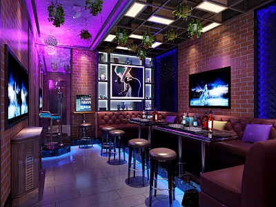 Modern KTV Lounge Interior With Leather Sofas LED Screens Brick Walls And Decorative Plants 3d model