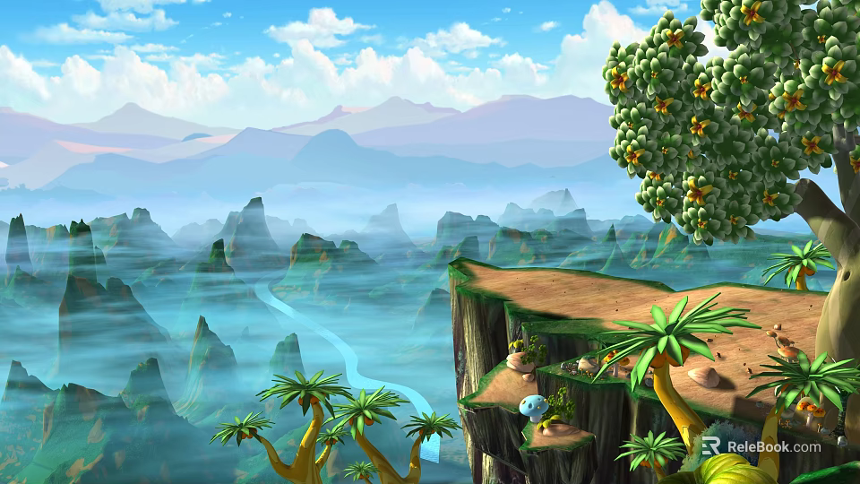 Cartoon Scene With Cliff Palm Trees River And Distant Mountains Under Blue Sky 3d model 