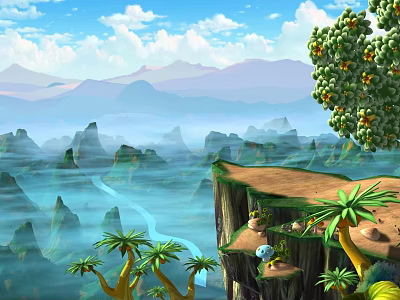 Cartoon Scene With Cliff Palm Trees River And Distant Mountains Under Blue Sky 3d model