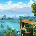 Cartoon Scene With Cliff Palm Trees River And Distant Mountains Under Blue Sky
