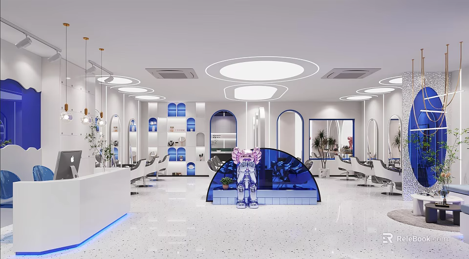 Modern Beauty Hair Salon Interior With Styling Chairs Mirrors Lighting And Equipment 3d model 