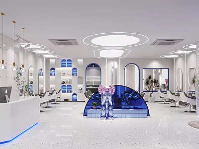Modern Beauty Hair Salon Interior With Styling Chairs Mirrors Lighting And Equipment 3d model