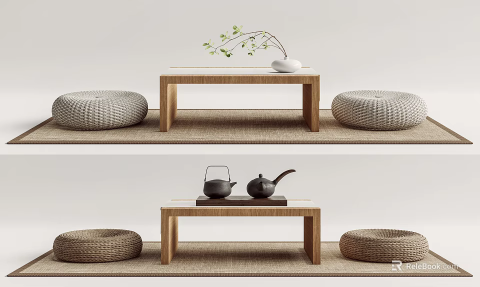 Wooden Tea Table with Woven Cushions Black Teapots White Vase Green Branches on Straw Mat 3d model 