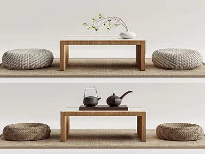 Wooden Tea Table with Woven Cushions Black Teapots White Vase Green Branches on Straw Mat 3d model