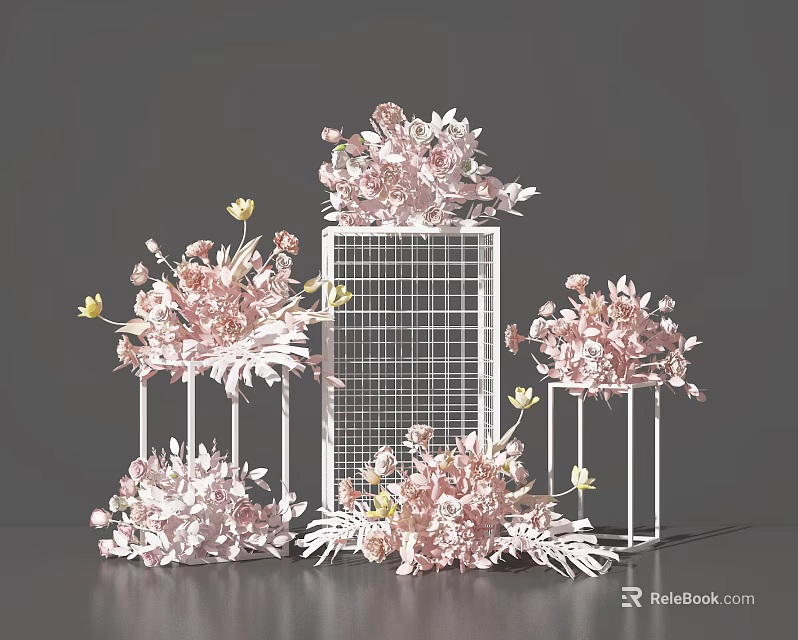 Pink and White Floral Decorative Arrangement in Metal Grid Frames 3d model 