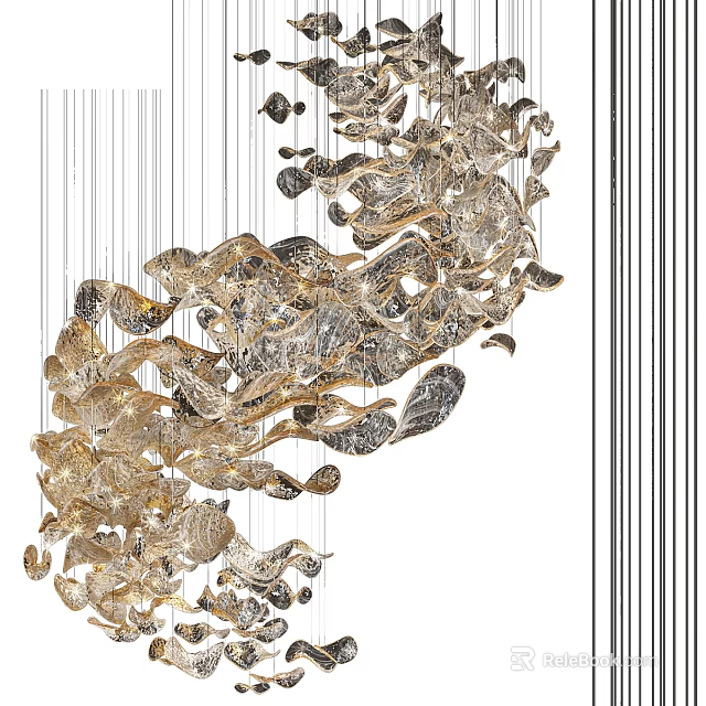Modern Artistic Metal Leaf Chandelier With Intricate Curved Structure And Shiny Finish 3d model 