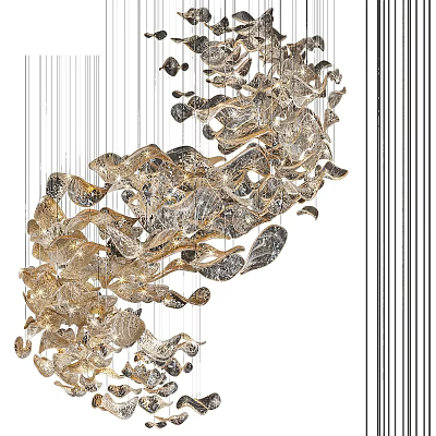 Modern Artistic Metal Leaf Chandelier With Intricate Curved Structure And Shiny Finish 3d model