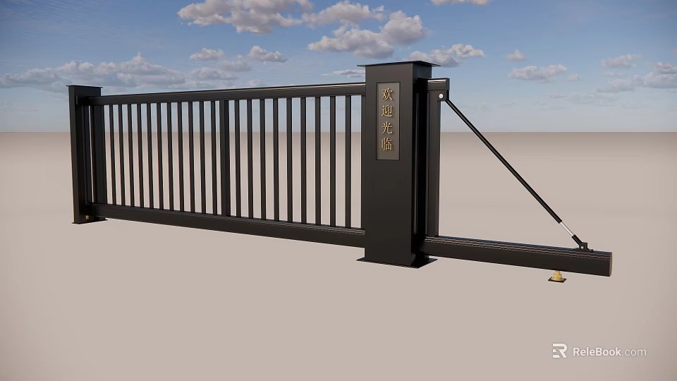 Slatted Black Metal Driveway Gate With Ornamental Pillars And Sturdy Design 3d model 