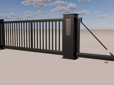 Slatted Black Metal Driveway Gate With Ornamental Pillars And Sturdy Design 3d model