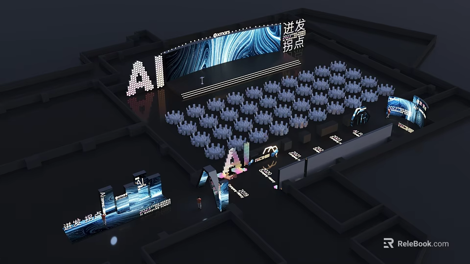 AI Conference Venue With Modern Stage Seating And Digital Background Design 3d model 