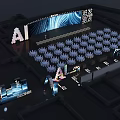 AI Conference Venue With Modern Stage Seating And Digital Background Design