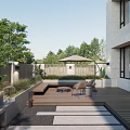 Courtyard Garden Design With Wooden Deck Outdoor Seating Green Plants And Sunshade Umbrella