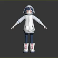 Game Anime Character With Blue Black Hair Red Eyes White Hoodie And Pink Laced Boots