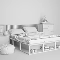 Double Bed With Wooden Headboard White Frame Under Bed Storage And Nightstand With Vase