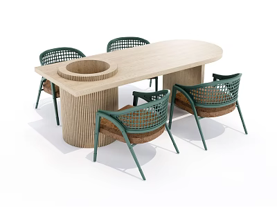 Oval Wooden Dining Table Set With Circular Indentation And Four Green Frame Woven Chairs 3d model