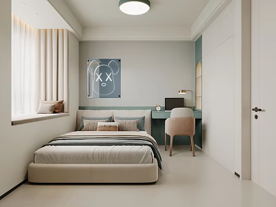 Modern Kids Room Interior With Bed Desk Pink Chair Mickey Ears Artwork Window Curtains 3d model